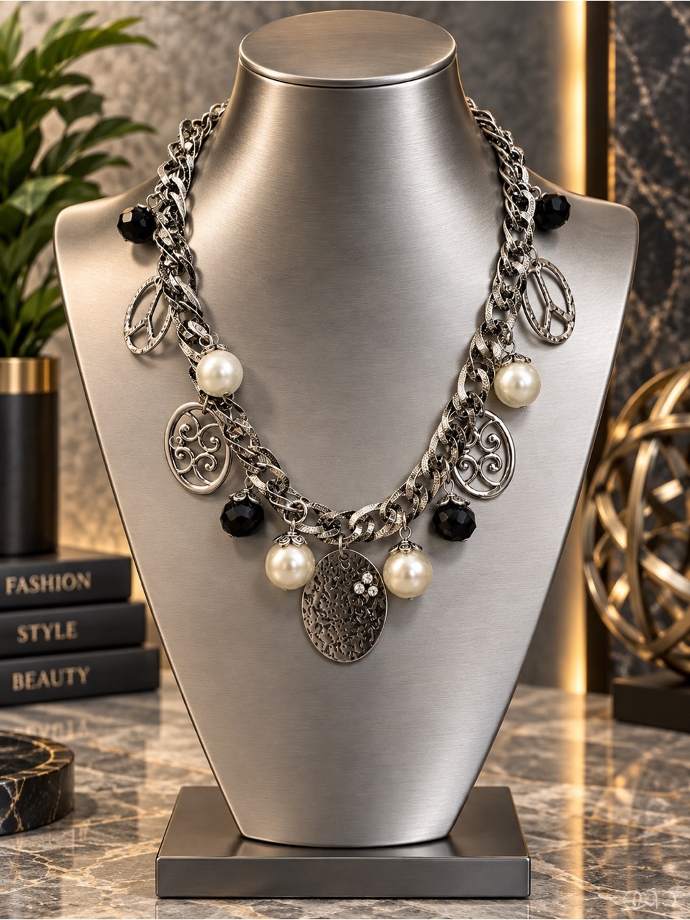 Charm statement Necklace Pearl & Jet Crystal